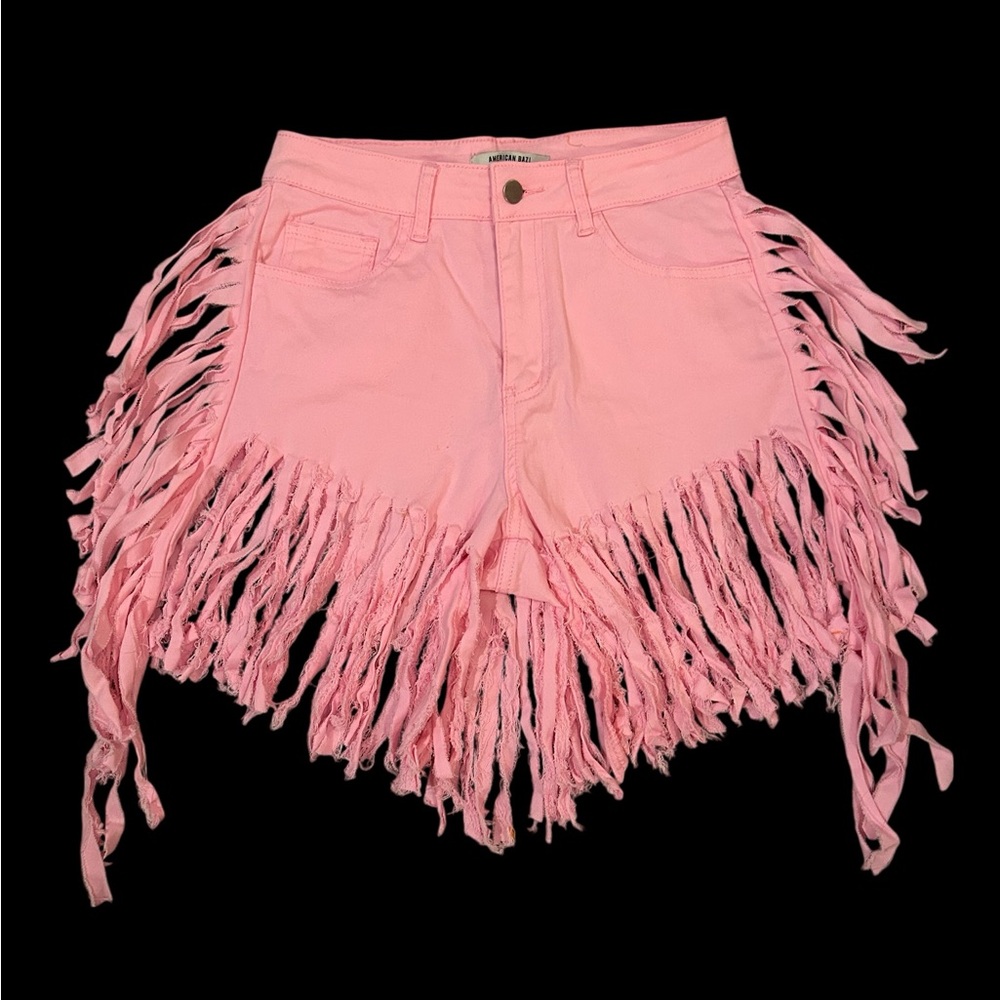 American Bazi Pink Fringe Jean Shorts